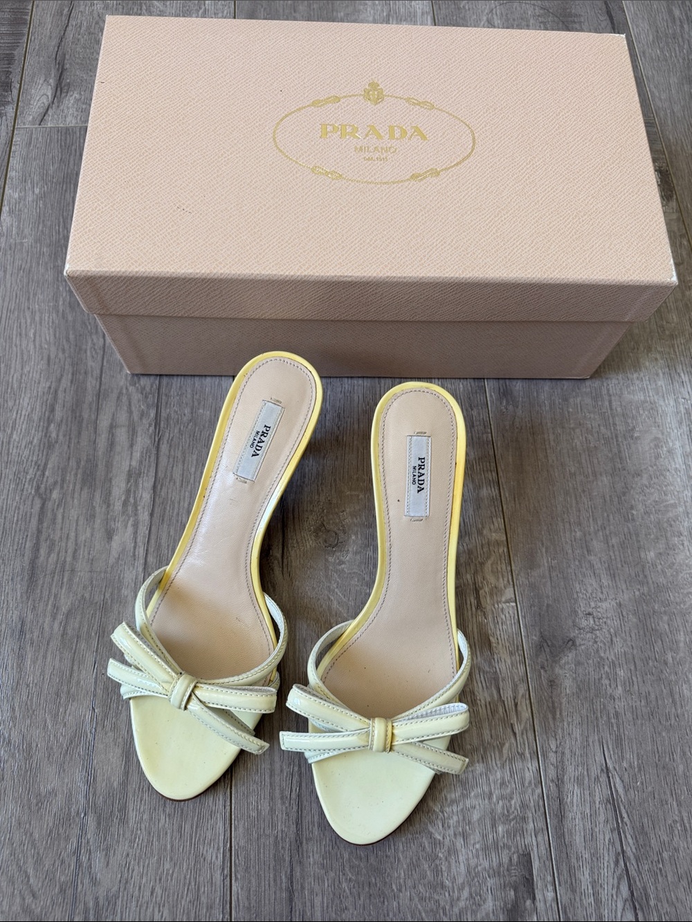 Prada Y2K Butter Yellow Patent Leather Bow Kitten Heel Sandals 37.5 Coquette - Picture 2 of 10